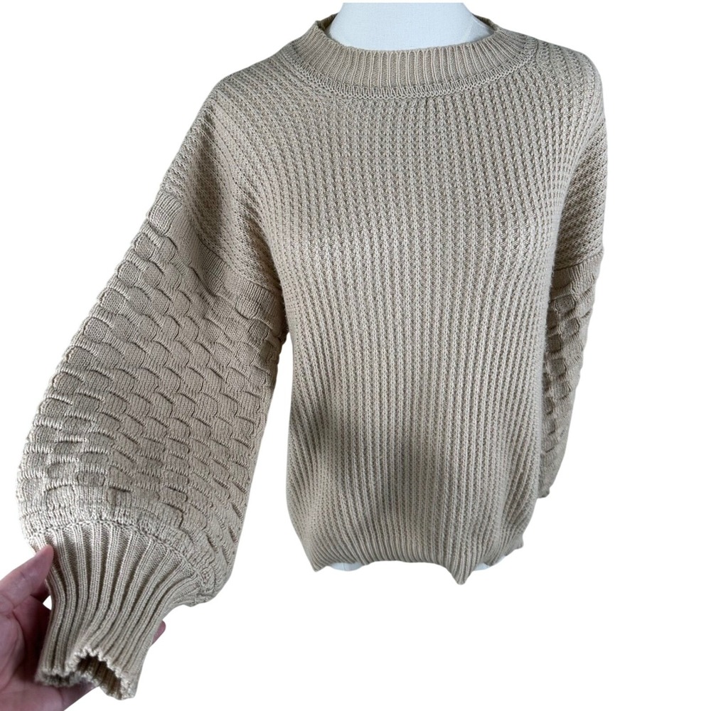 VTG Anne Marie‎ Sweater Women M Tan Bubble Puff Sleeve Chunky Knit Boho Retro